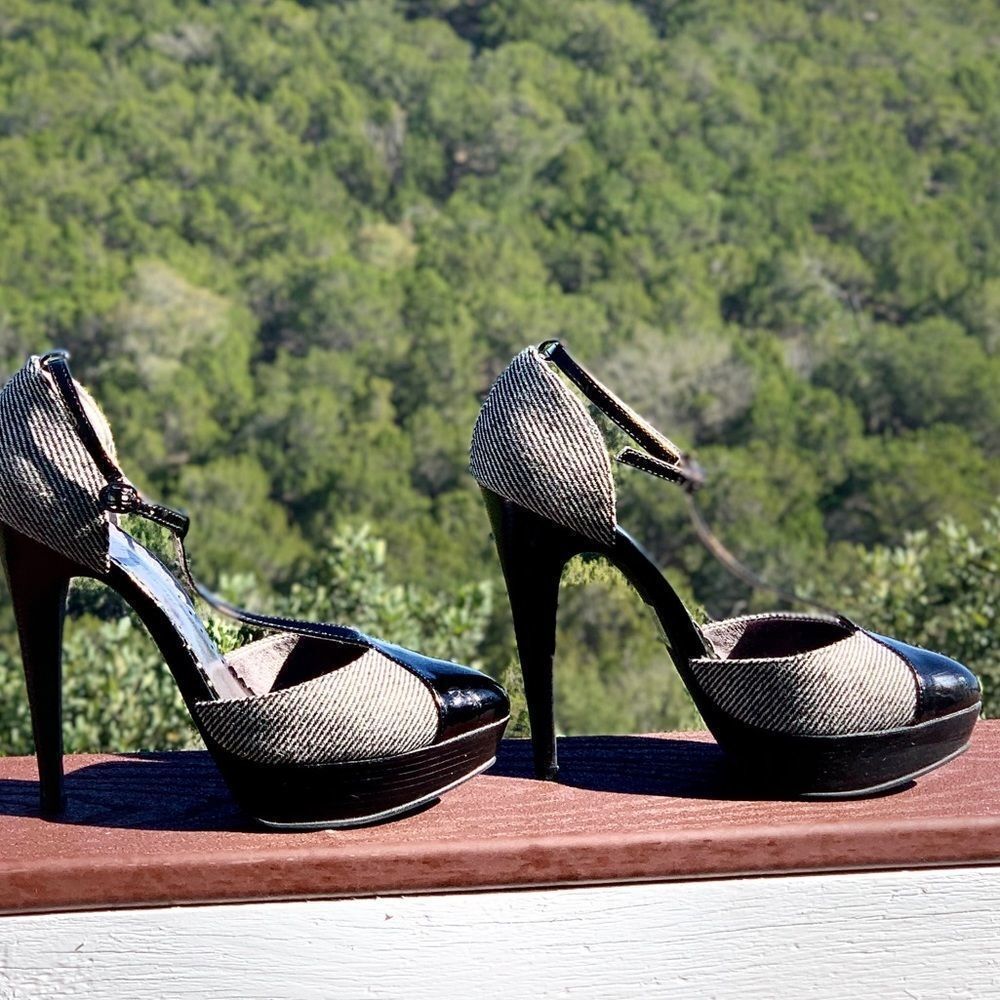 LULU Townsend  Patent Leather/Tweed Black & White ‎ Platform Heels